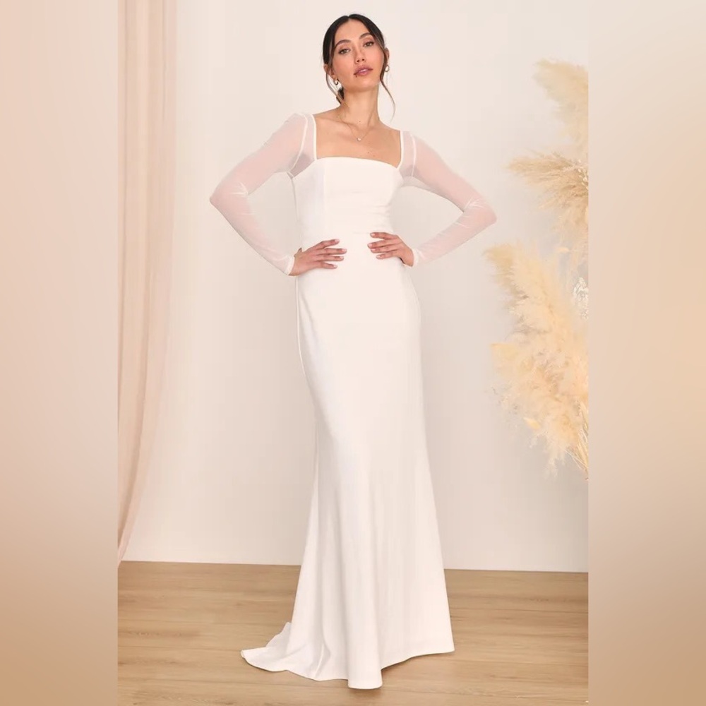 XL Lovingly Yours White Mesh Long Sleeve Maxi Wedding Dress
